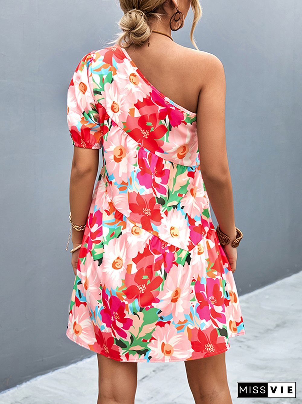 A-Line Bishop Sleeve Flower Print Split-Joint One-Shoulder Mini Dresses