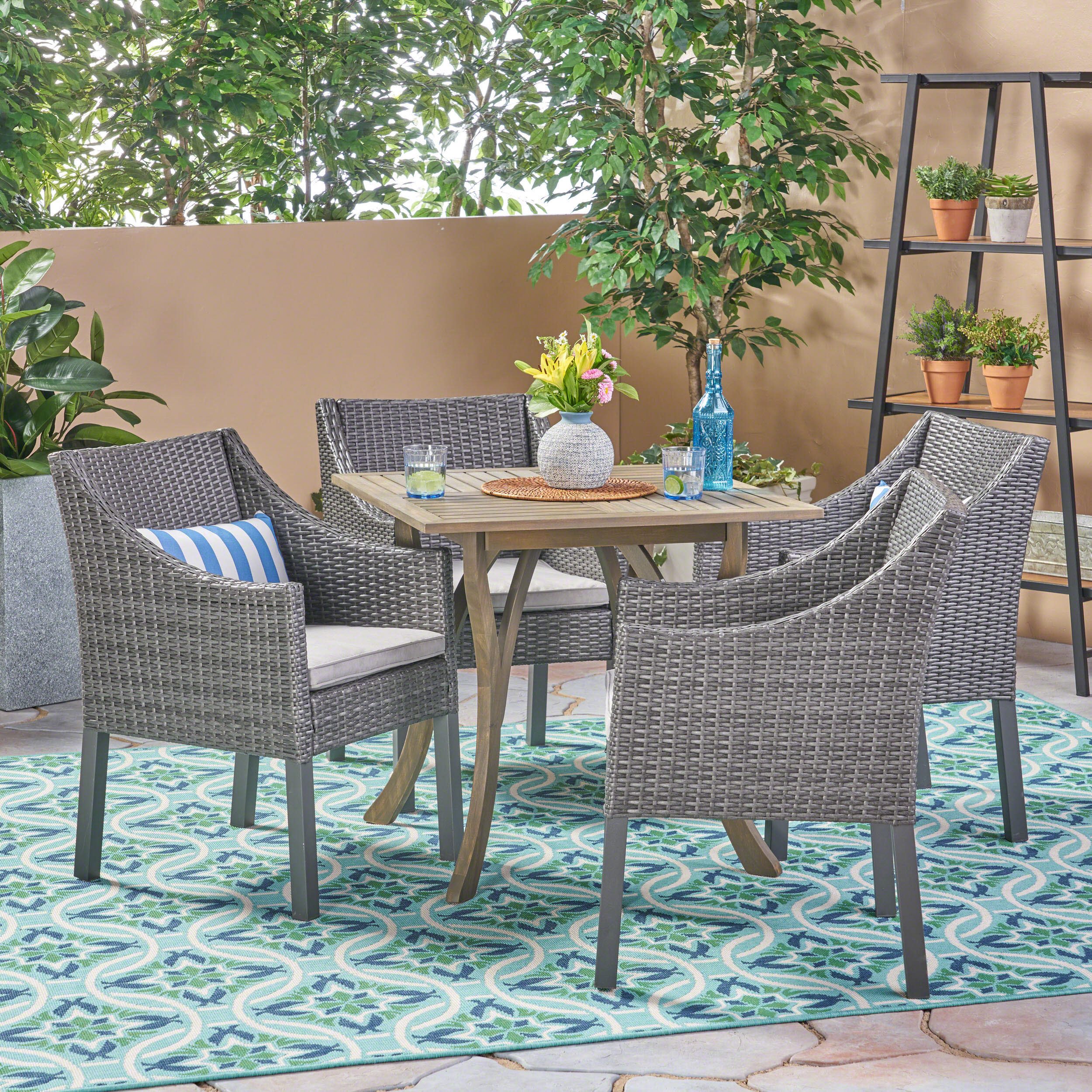 Marcy Outdoor 5 Piece Wood and Wicker Square Dining Set, Gray and Gray