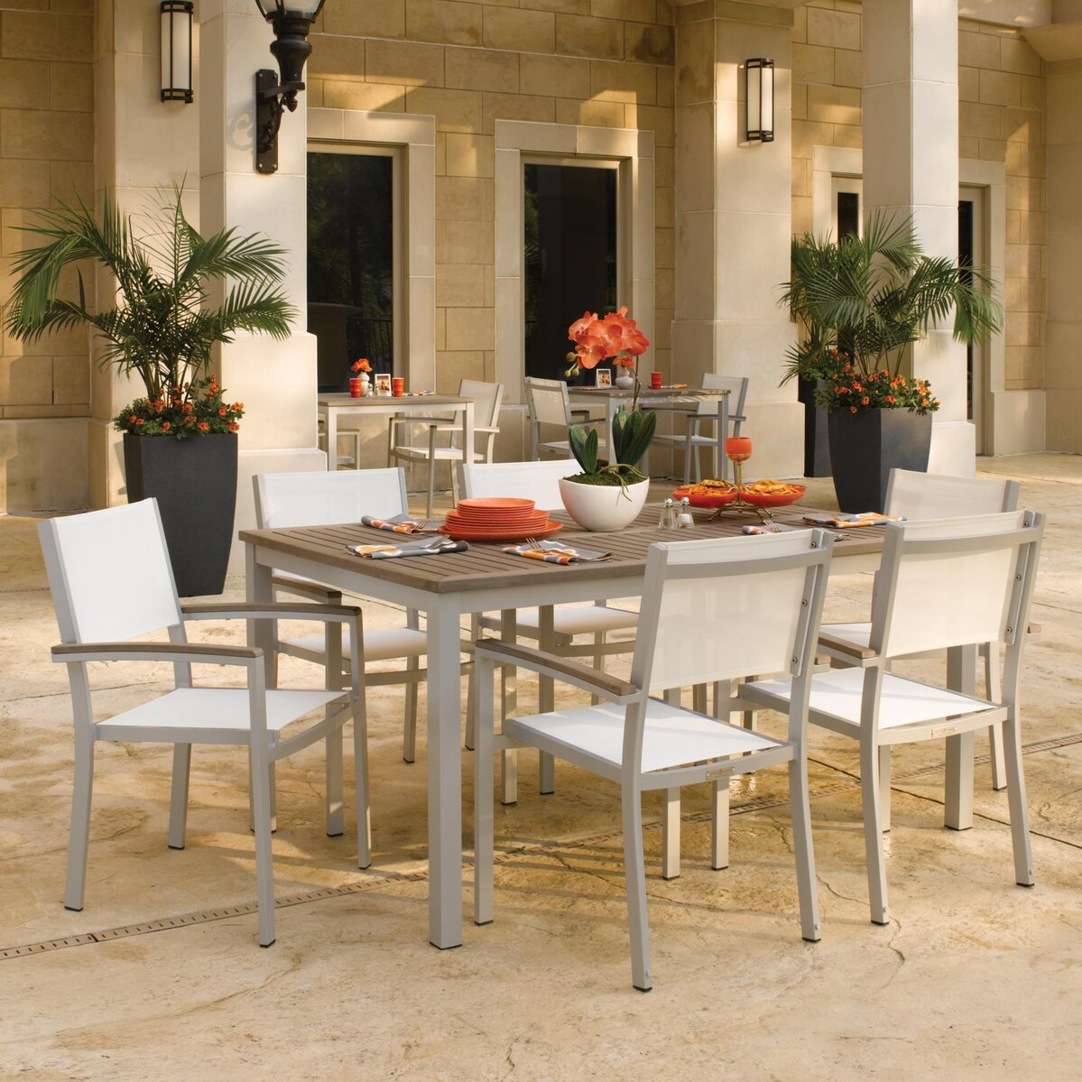 Travira 7 Piece Aluminum Patio Dining Set W/ Natural Sling Stacking Chairs and 63 Inch Rectangular Tekwood Vintage Table By Oxford Garden