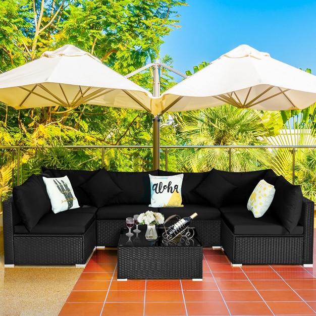 Costway 7pcs Patio Rattan Furniture Set Sectional Sofas Off White amp Black Cushion Covers