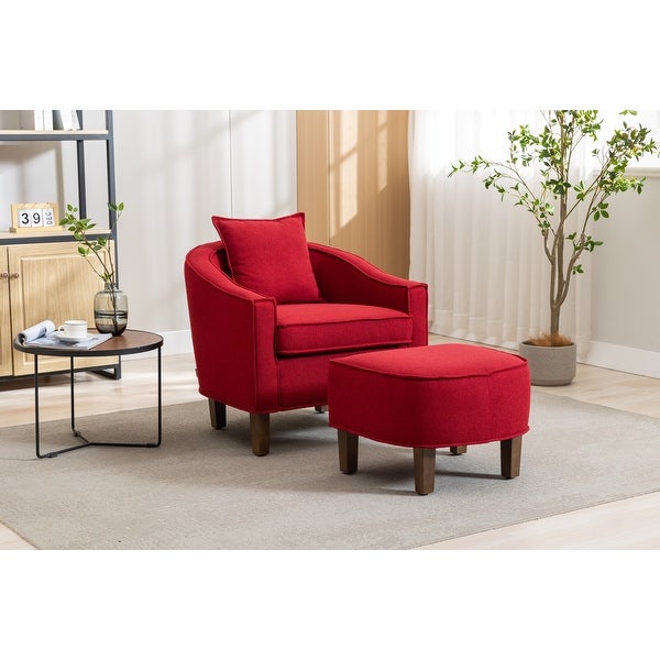 Modern Barrel Chair Mid Century Upholstered Accent Chair Round Arms Chair with Ottoman， Red