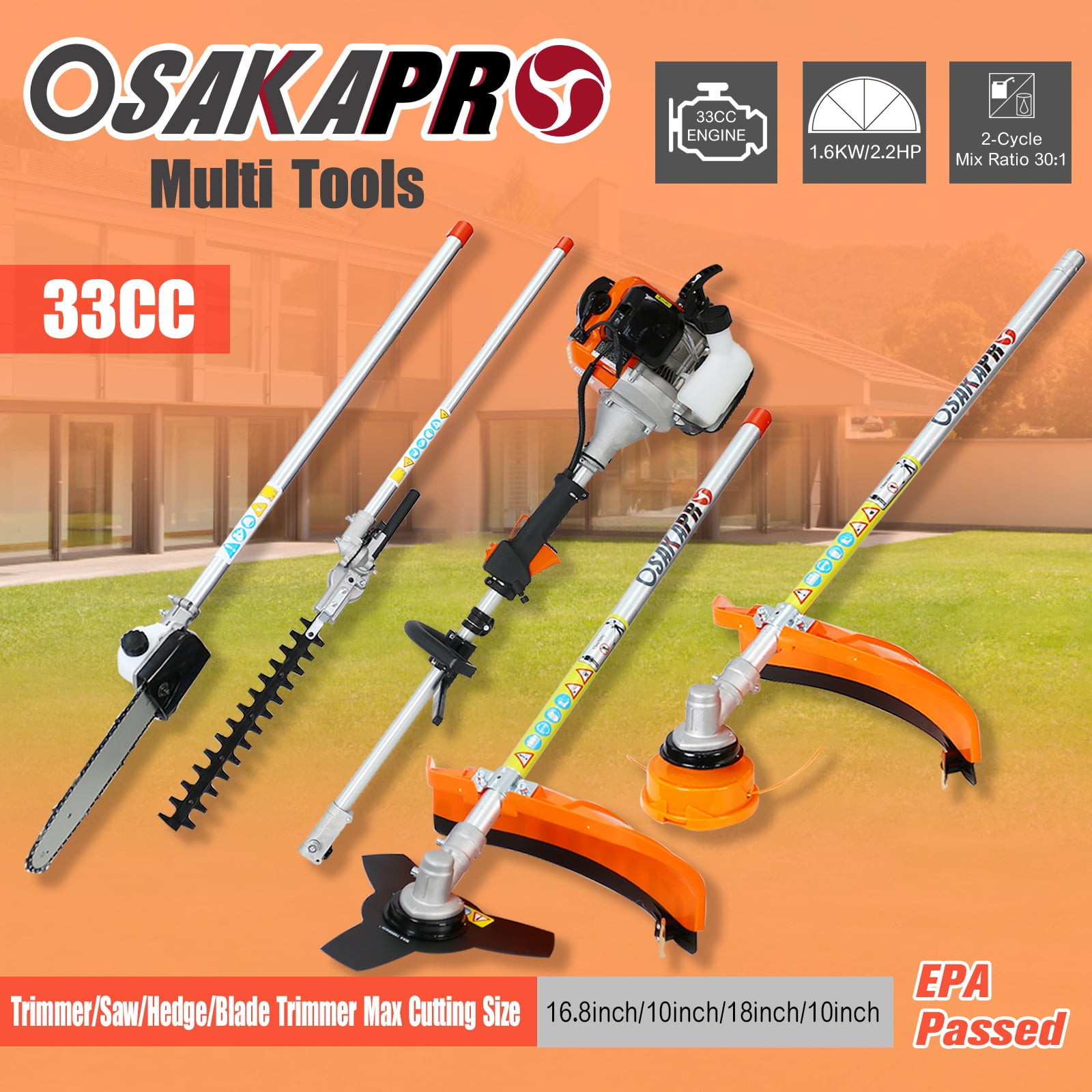 4 in 1 Multi-Functional Trimming Tool, 33CC 2-Cycle Garden Tool System with Gas Pole Saw, Hedge Trimmer, Grass Trimmer, and Brush Cutter