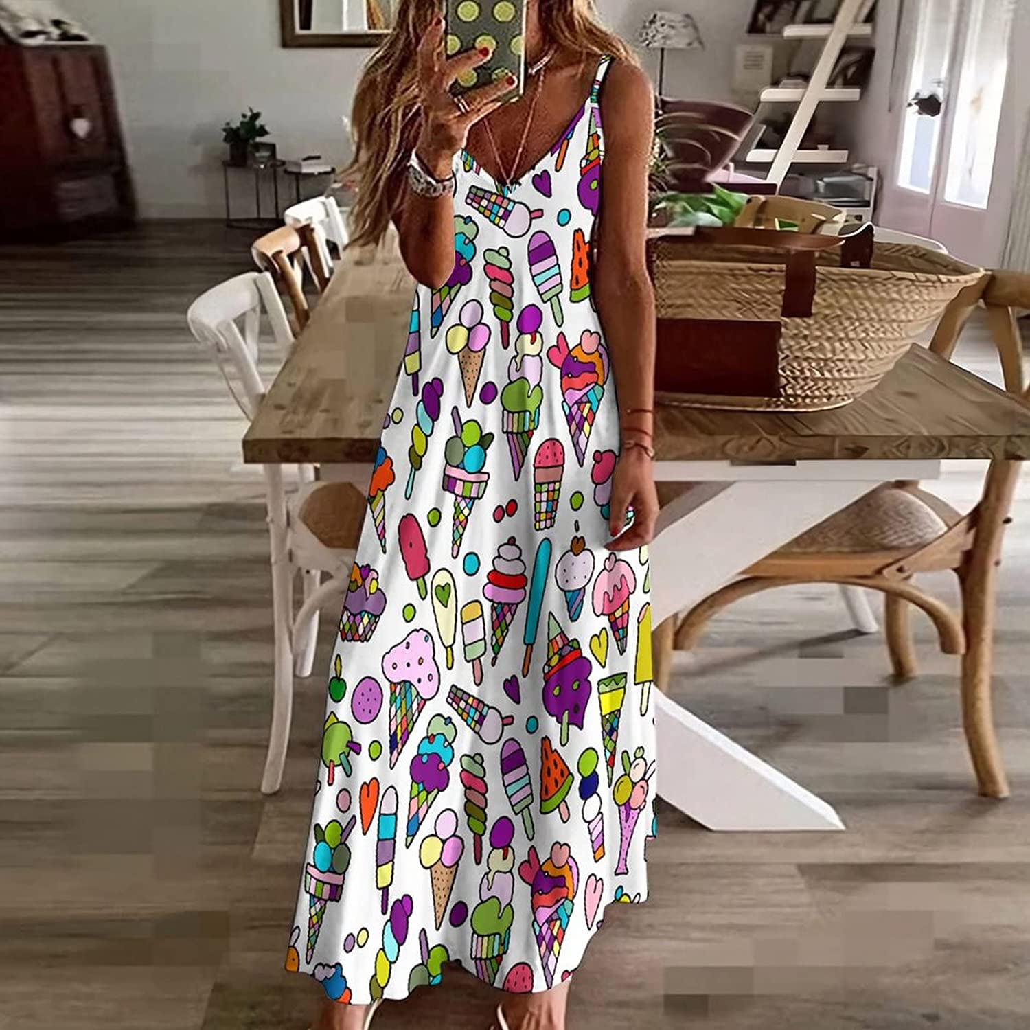 Summer is Ice Cream Women's Sling Dress Casual Loose Swing Dress Long Maxi Dresses for Beach Party