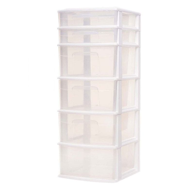 Homz Plastic 6 Clear Drawer Medium Home Storage Container Tower， White (2 Pack)