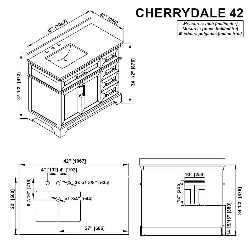 Home Decorators Collection Cherrydale 42 in W x 22 in D x 3450 in H Bath Vanity in White with White Cultured Marble Top