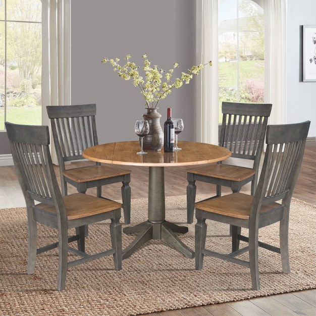 Round Dual Drop Leaf Dining Table With 4 Slat Back Chairs Hickory washed Coal International Concepts