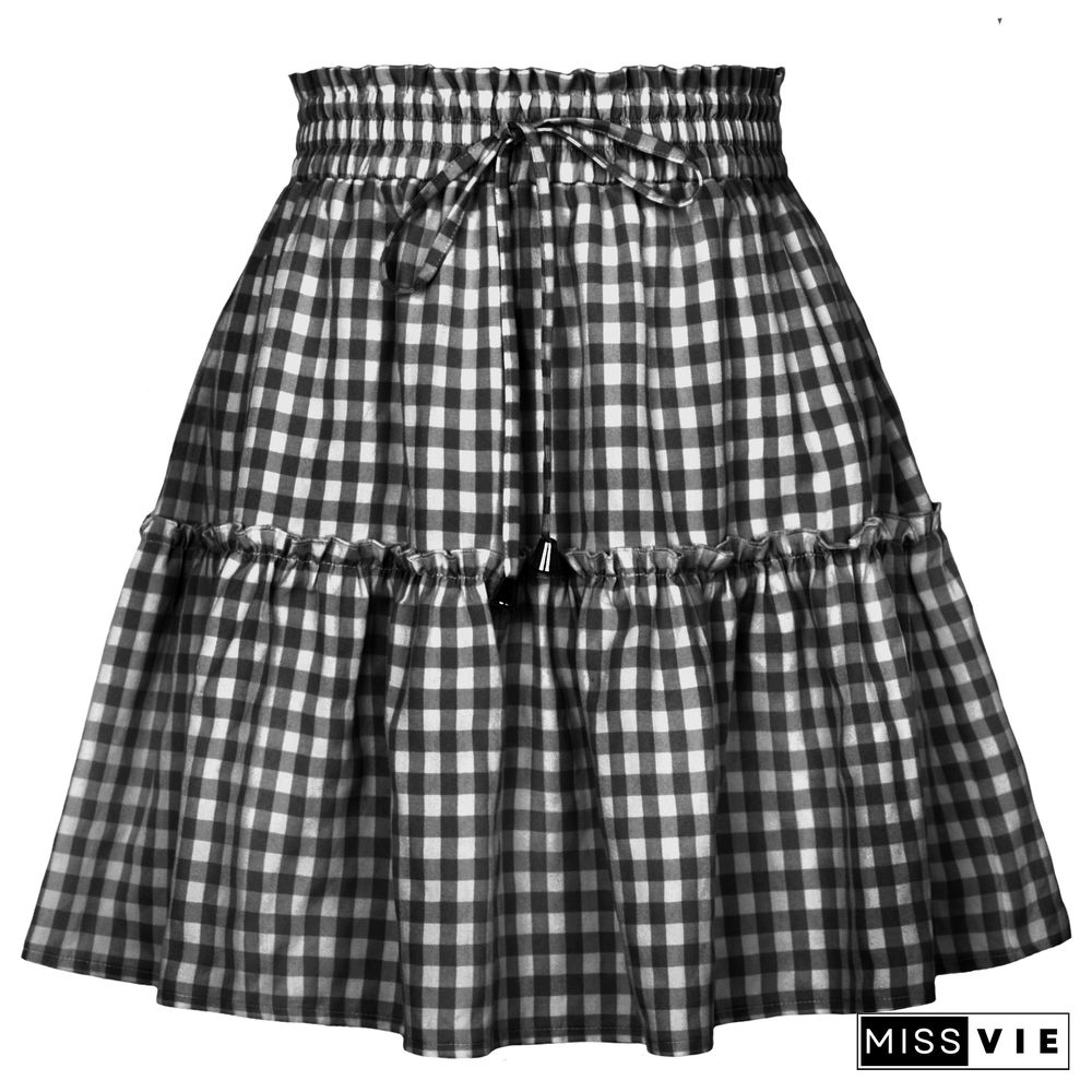 Casual Skirts Women Summer Skirt New Smocked Elastic Waist Lace-up Vintage Plaid Print Mini Skirt For Office Lady