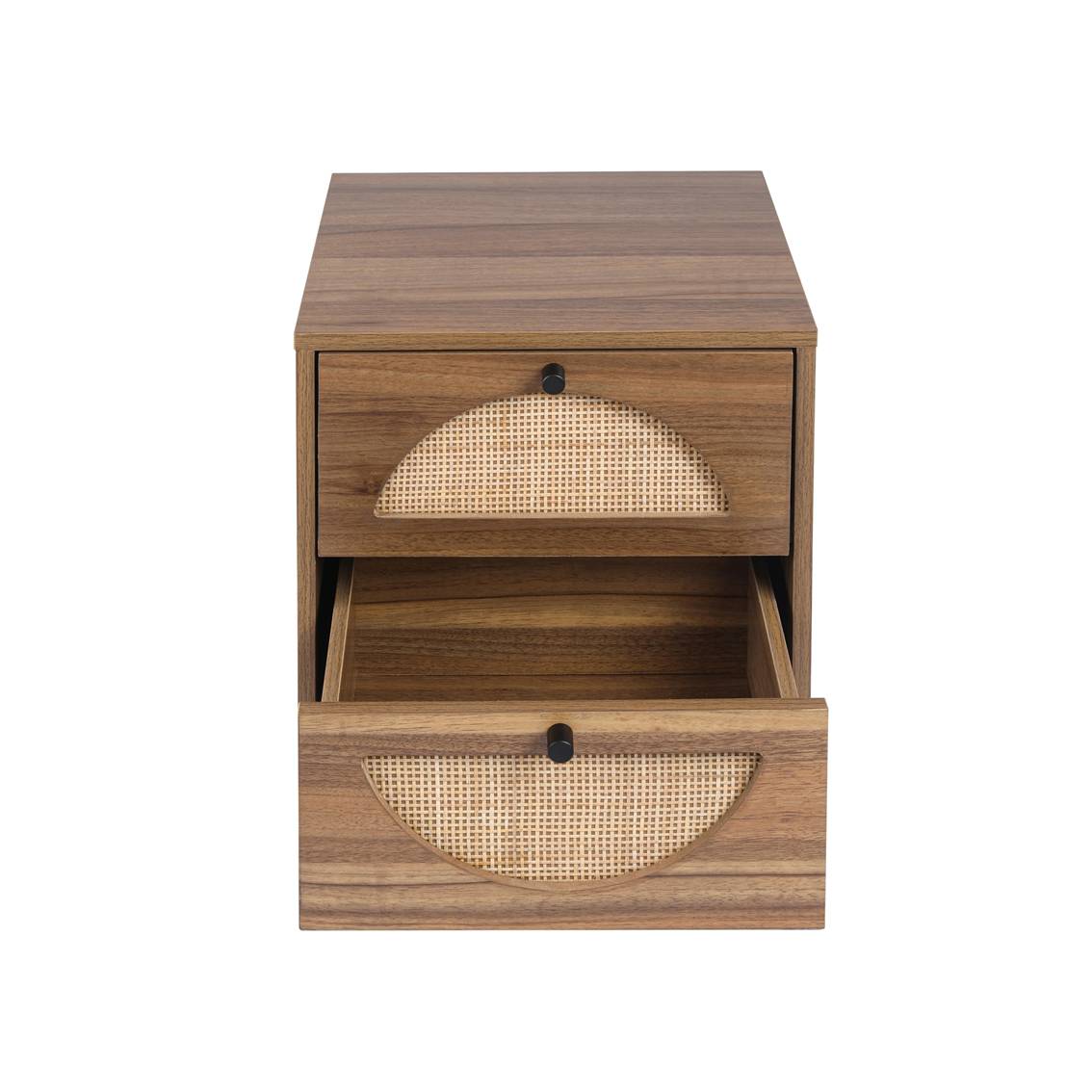 Rattan Nightstand Set of 2 Walnut End Table with 2 Natural Rattan Drawer