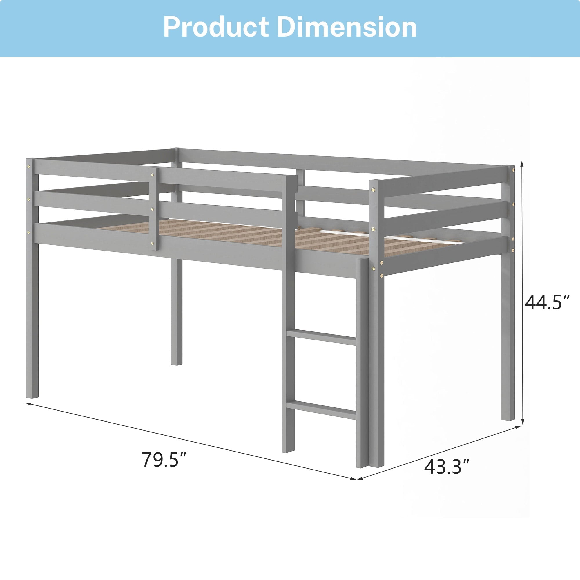 Twin Wood Loft Bed with Full-length Safety Rail and Ladder, Modern Twin Size Loft Bed Frame for Kids Teens Adult, Space Saving Bedroom Low Loft Bed, No Box Spring Needed, Gray, J2319