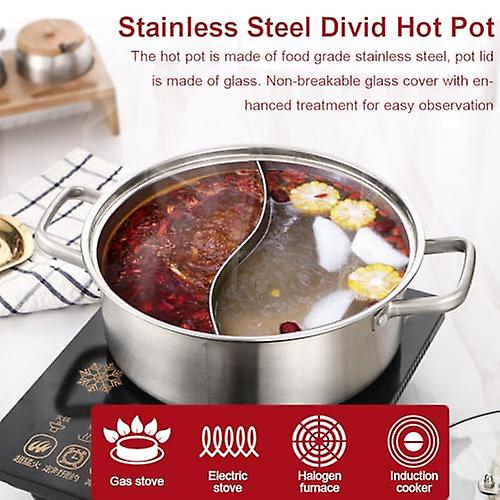 Chinese Hot Pot， Dual Sided Hot Pot Shabu， Stainless Steel Divider Hot Pot with Glass Lid， Mandarin