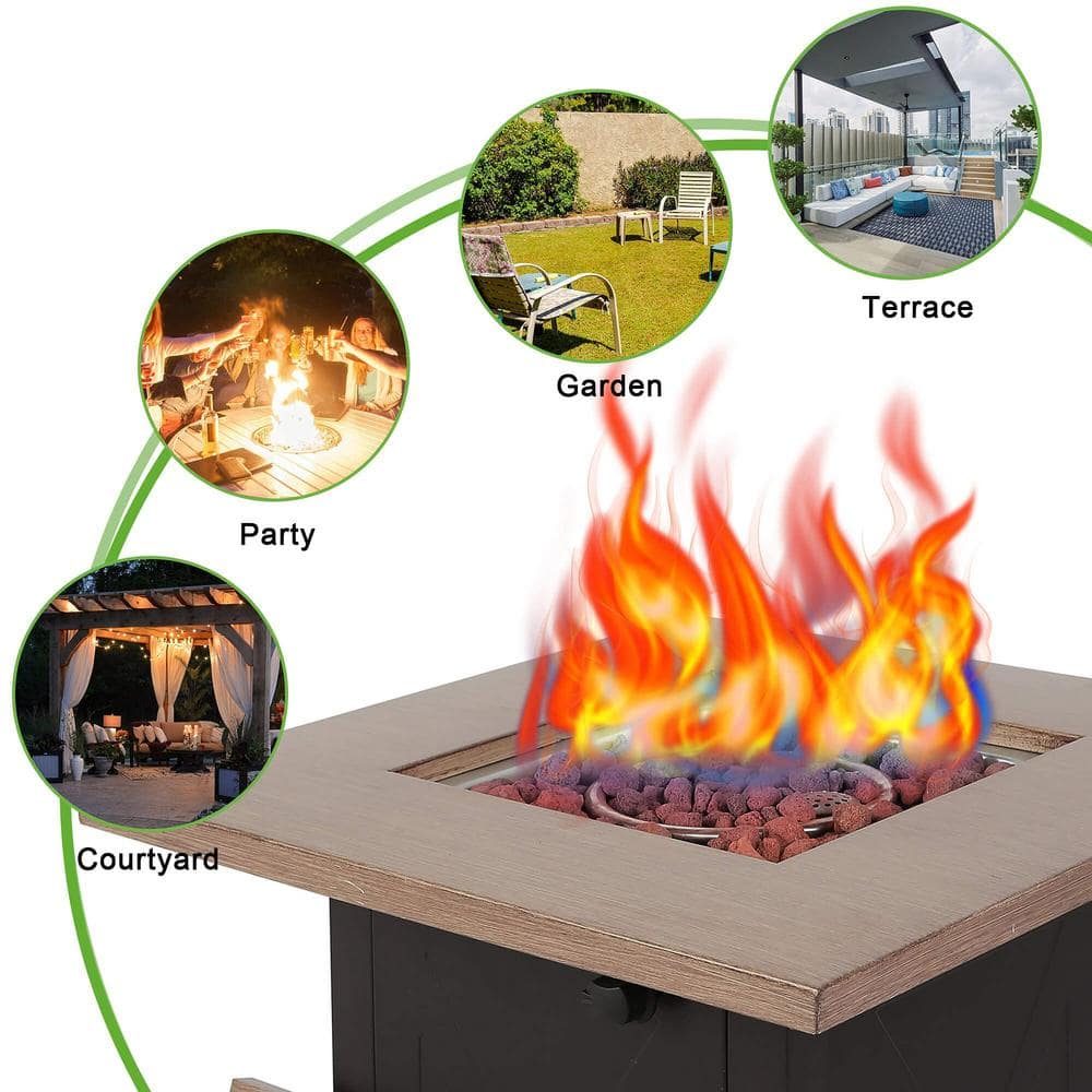 Afoxsos 28 in. 48,000 BTU Outdoor Gas Fire Pit Table, Square Outdside Propane Patio Firetable, Bionic Wood Grain Lid HDMX680