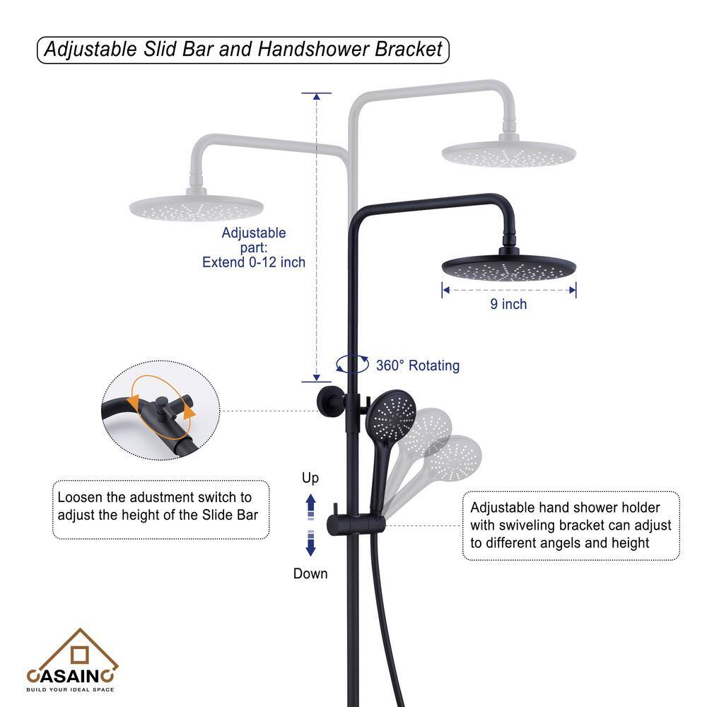 CASAINC 3-Spray Patterns 9 in. Thermostatic Shower Faucet Wall Mount Dual Shower Heads and Tub Faucet in Matte Black HM-T102-RO-MB