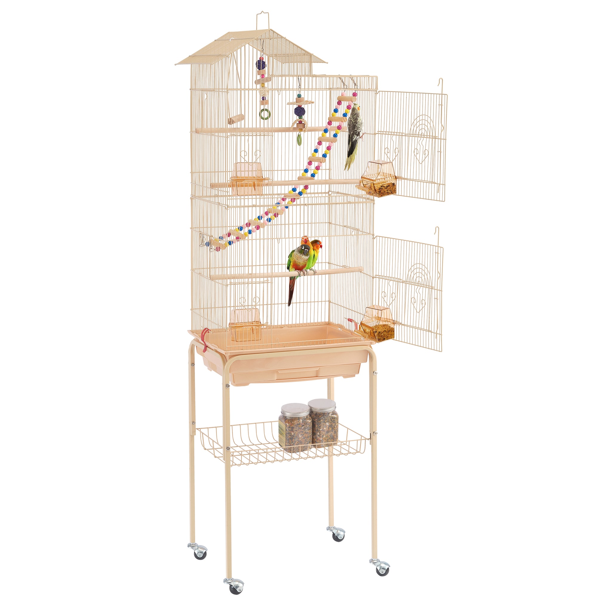 TOPEAKMART Almond Metal Bird Cage with Ladder Toy and Rolling Detachable Stand， 62.4 H