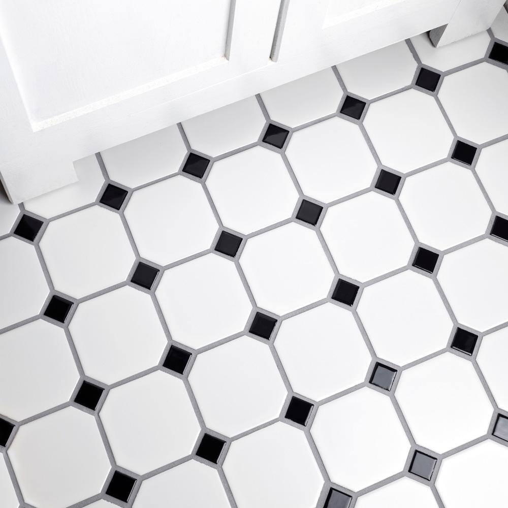 Merola Tile Metro Octagon Matte White wBlack Dot 11 12 in. x 11 12 in. Porcelain Mosaic  9.4 sq. ft. Case FXLM2OWD