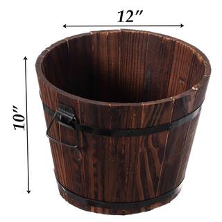 Gardenised Rustic Wooden Whiskey Barrel Planter with Durable Medal Handles and Drainage Hole - Small QI003236.S