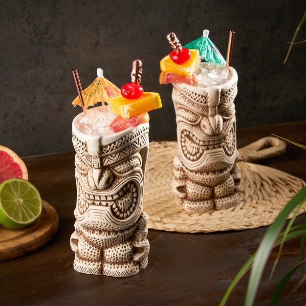 Viski High Tide Tiki Mugs Hand Painted Ceramic Tiki Glasses For Cocktails Tiki Barware 14 5oz Highballs Set Of 2