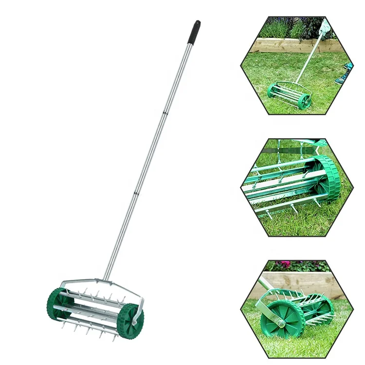 Gardening Tool Rotary Lawn Scarifier Heavy Duty Soil Roller Grass Roller Lawn Aerator Spike with 3 Level Adjustable Handles