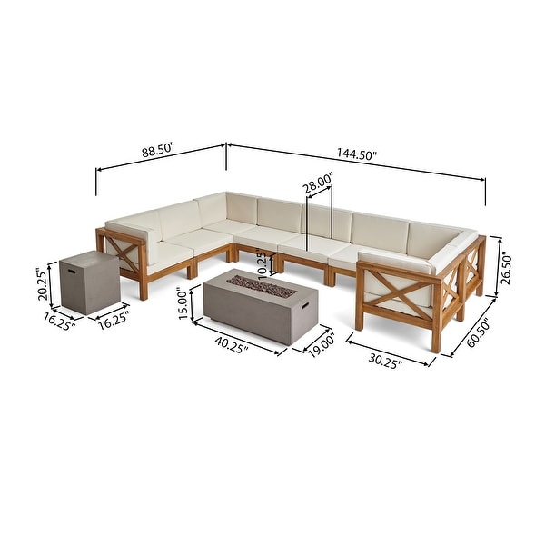 Brava Outdoor Acacia Wood 8 Seater UShaped Sectional Sofa Set with Fire Pit by Christopher Knight Home