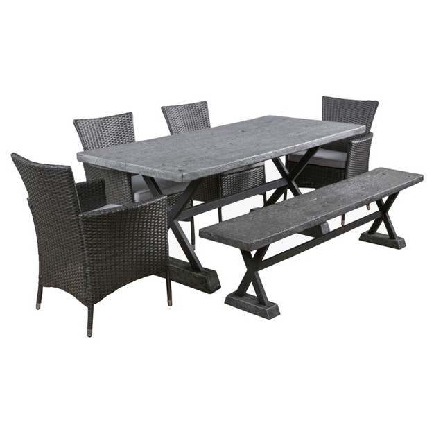 Ponza 6pc Rectangle Wicker amp Light Weight Concrete Patio Dining Set Gray Christopher Knight Home