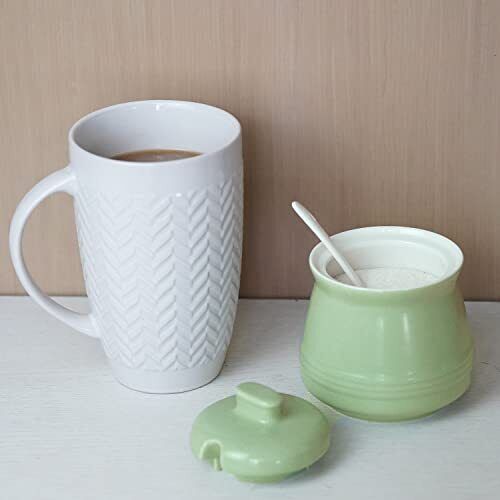 Ceramic Sugar Bowl with Lid and Spoon， 12oz Farmhouse Sugar Jar， Porcelain Sugar