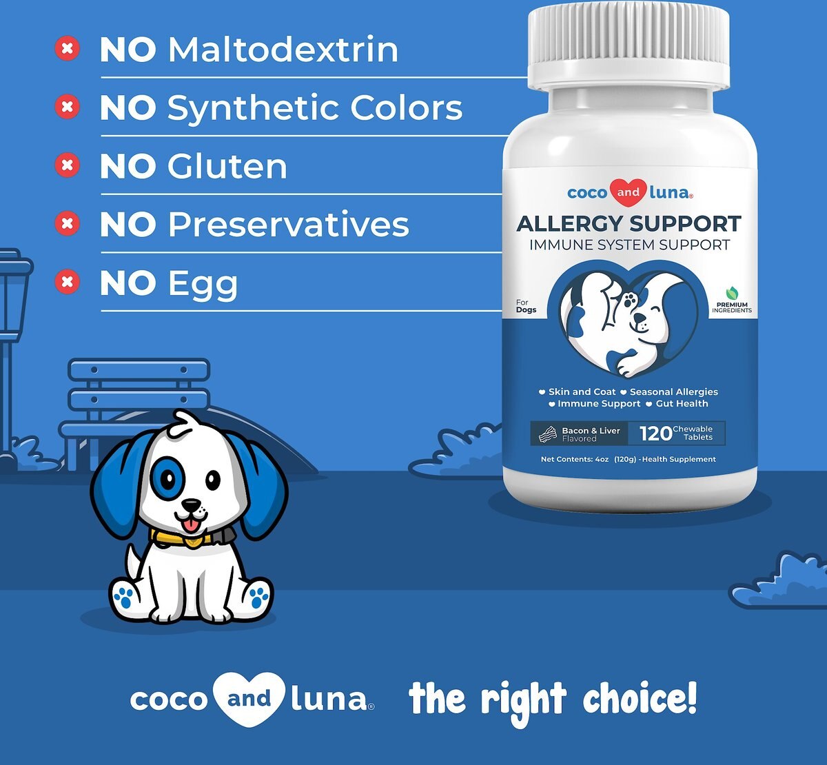 Coco and Luna Allergy Relief Immune System Health Bacon and Liver Flavor Chewable Tablets Dog Supplement， 120 count