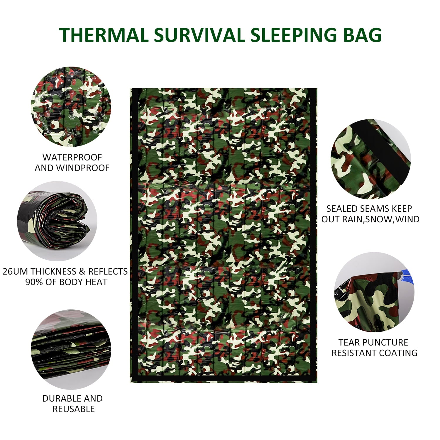 LAYADO 2 Pcs Camouflage Emergency Sleeping Bags for Survical Waterproof Lightweight Thermal Bag for Outdoor 0 ℃ Cold Weather with Carabiner and Whistle