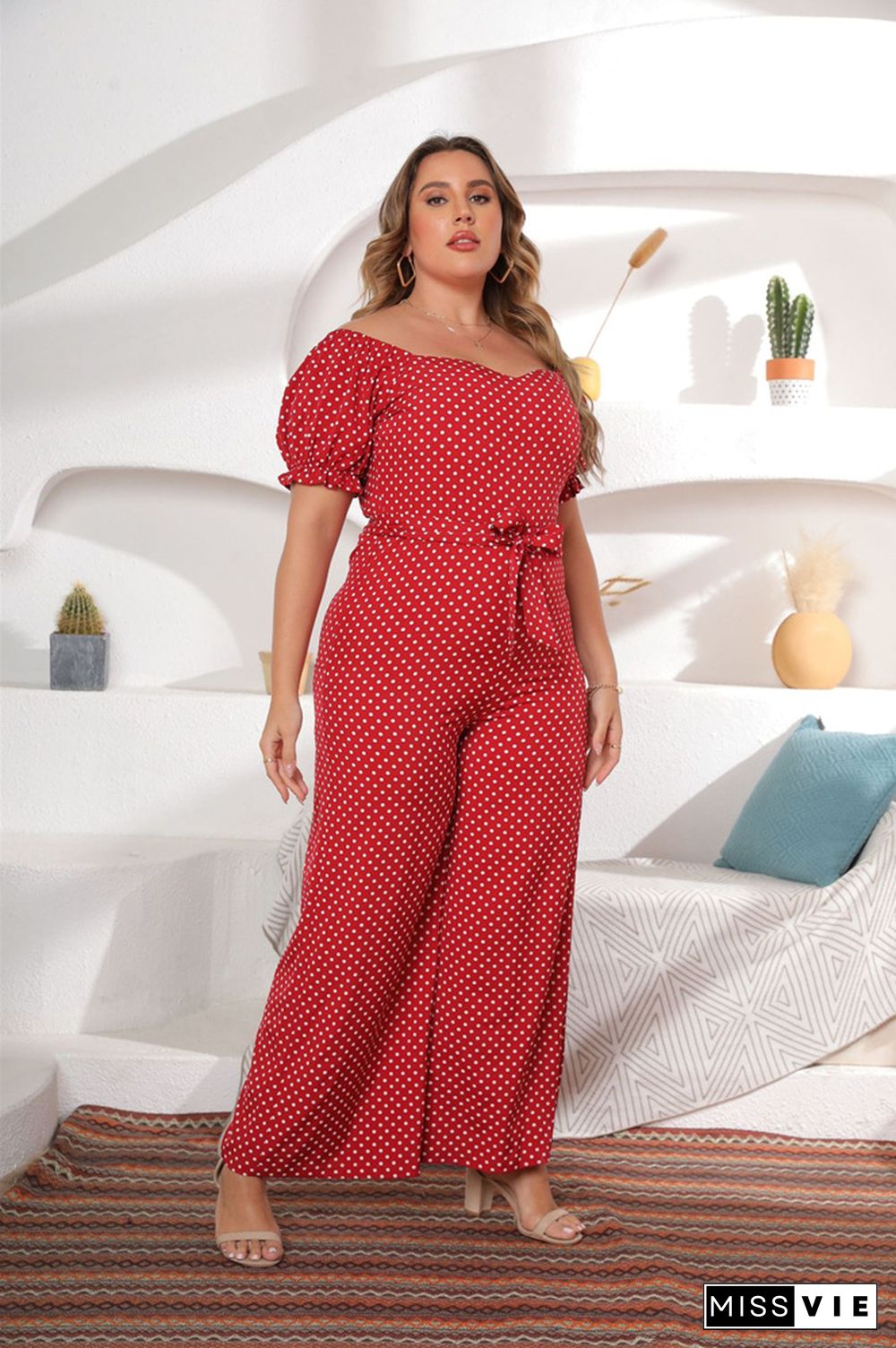 Dot Print Short Sleeve Slash Neck Wide Leg Jumpsuit