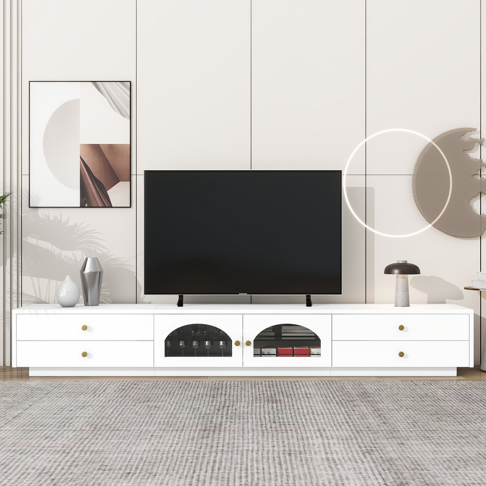 Contemporary 2 Glass Door TV Stand with 4 Drawers for TVs up to 90 Inches