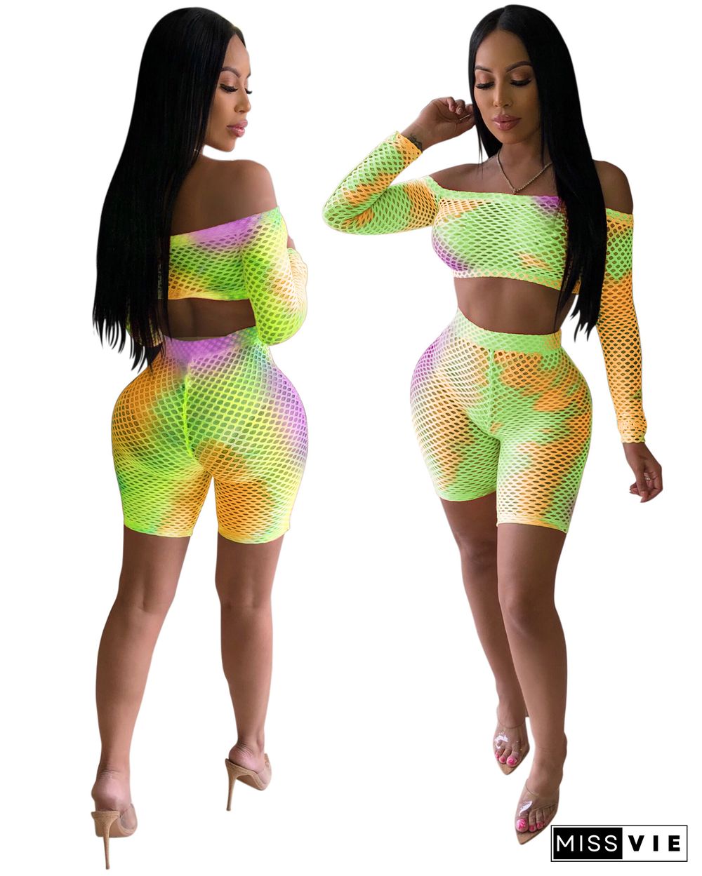 Sexy Colorful Tie Dye Print Fishing Net Off Shoulder Long Sleeve Crop Top Bodycon Shorts Two Piece Set