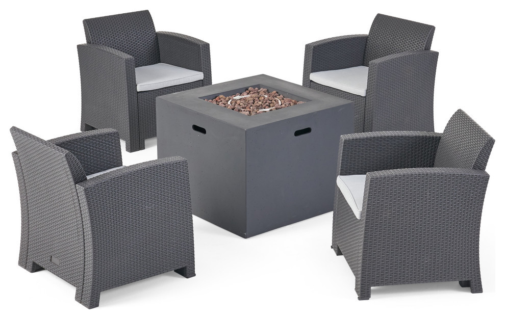 Pensacola Outdoor 4 Seater Wicker Print Chat Set With Propane Fire Pit   Tropical   Outdoor Lounge Sets   by GDFStudio  Houzz