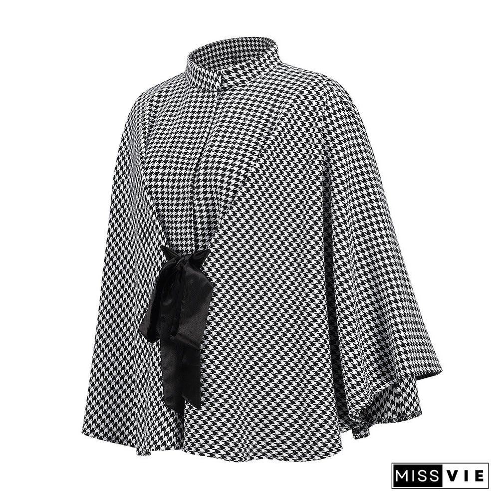 Autumn winter Coat  Houndstooth Woolen Coat Loose Cloak Coat