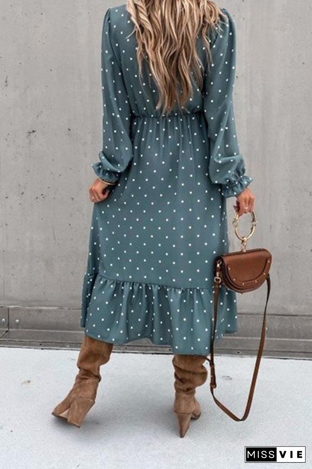 V-Neck Long Sleeve Polka Dot Slit Calf-Length Dress P16261