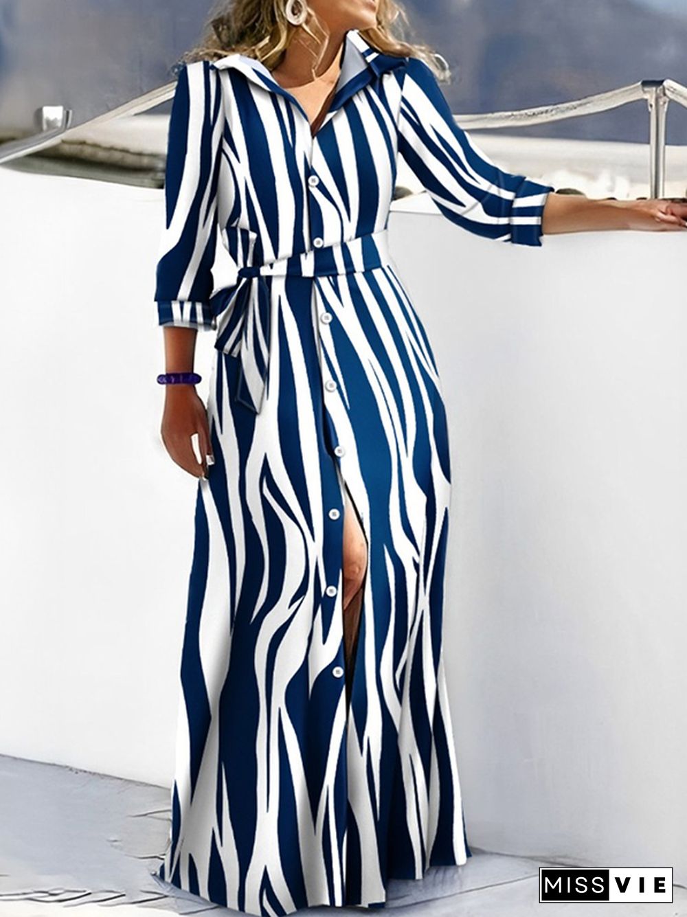 High Waisted Long Sleeves Buttoned Tied Waist Zebra Printed V-Neck Maxi Dresses Shirt Dress