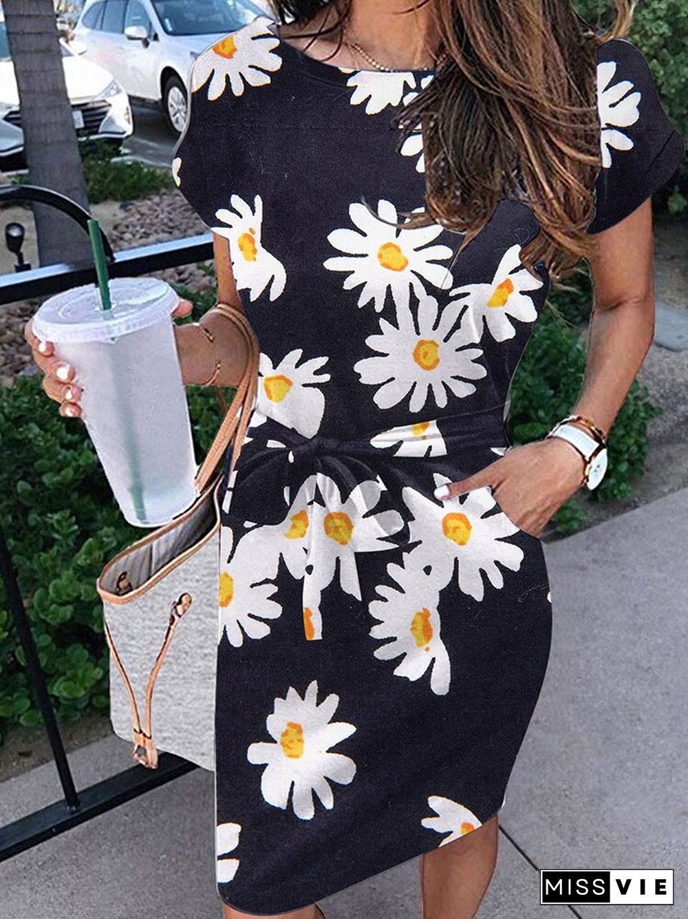 Summer Lady Fashion Floral Printed A Line Dress Casual O Neck Short Sleeve Mini Dress Women New Loose Waist Lace Up Dress