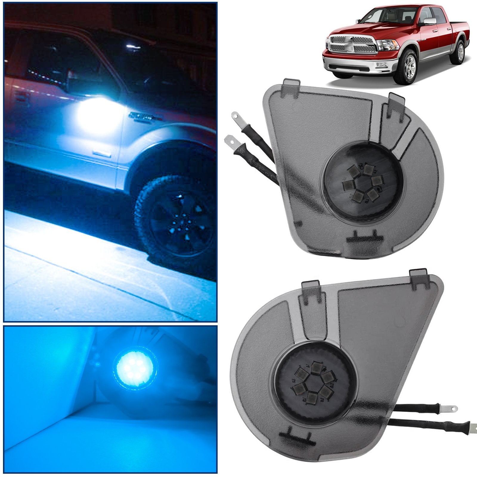 Xotic Tech 2x Ice Blue LED Under Side Mirror Puddle Light Smoked Lens Lamp For Dodge RAM 1500 2500 3500 2010-2019