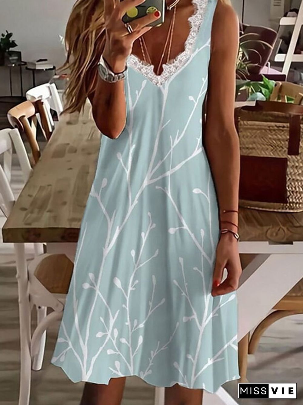 Casual Sleeveless V Neck Plus Size Printed Dress