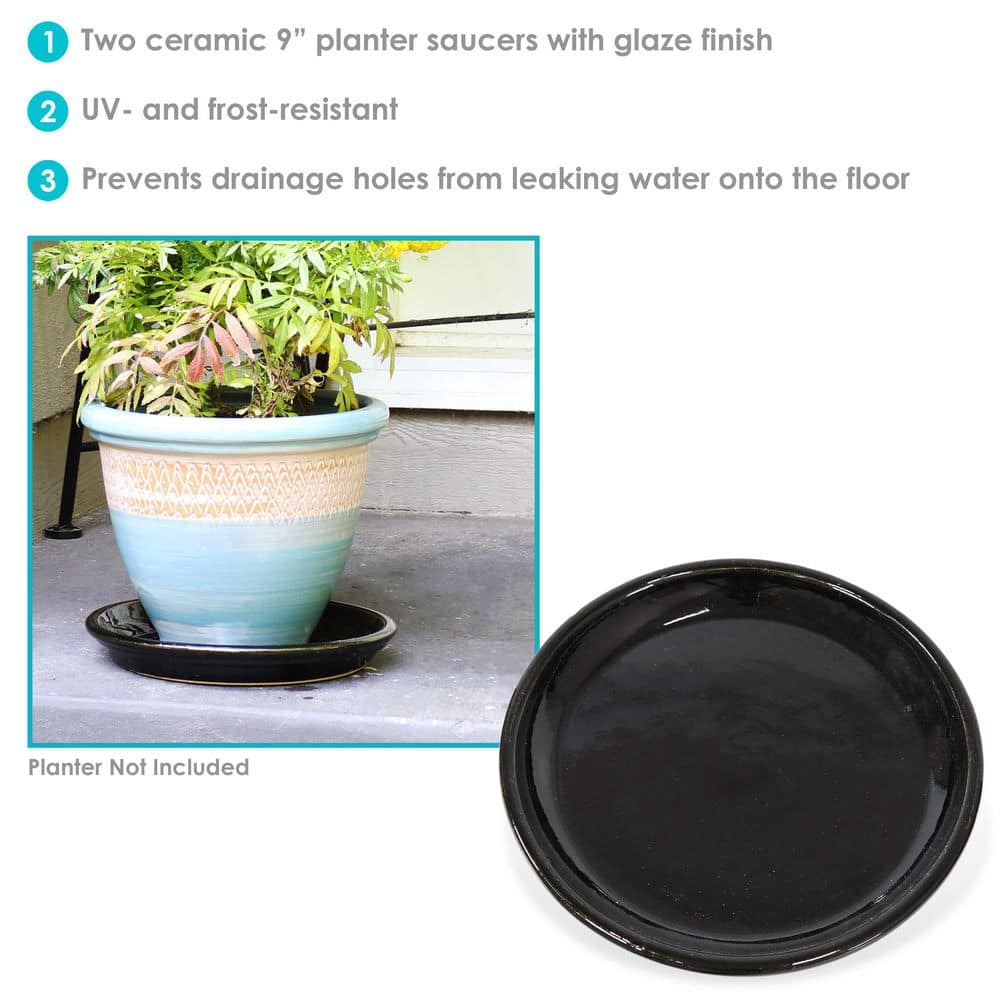 Sunnydaze 2 Sunnydaze 9 in. Obsidian Ceramic Planter Saucers AP-501