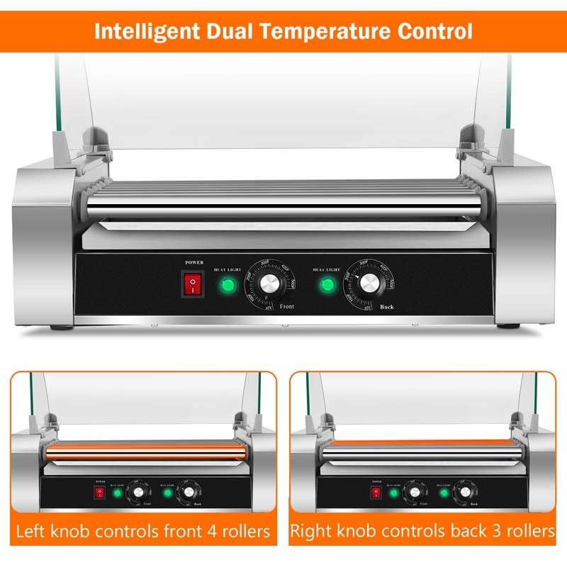 7 Non-Stick Roller 18 Hot Dog Roller Sausage Grill Cooker Machine with Glass Hood Cover, Commercial Household Hot Dog Rotisserie