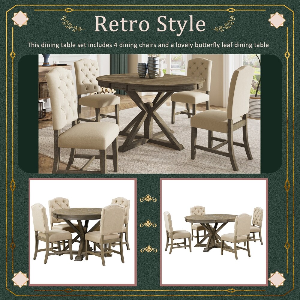 Functional Furniture Retro Style Dining Table Set with Extendable Table and 4 Upholstered Chairs for Dining Room and Living Room