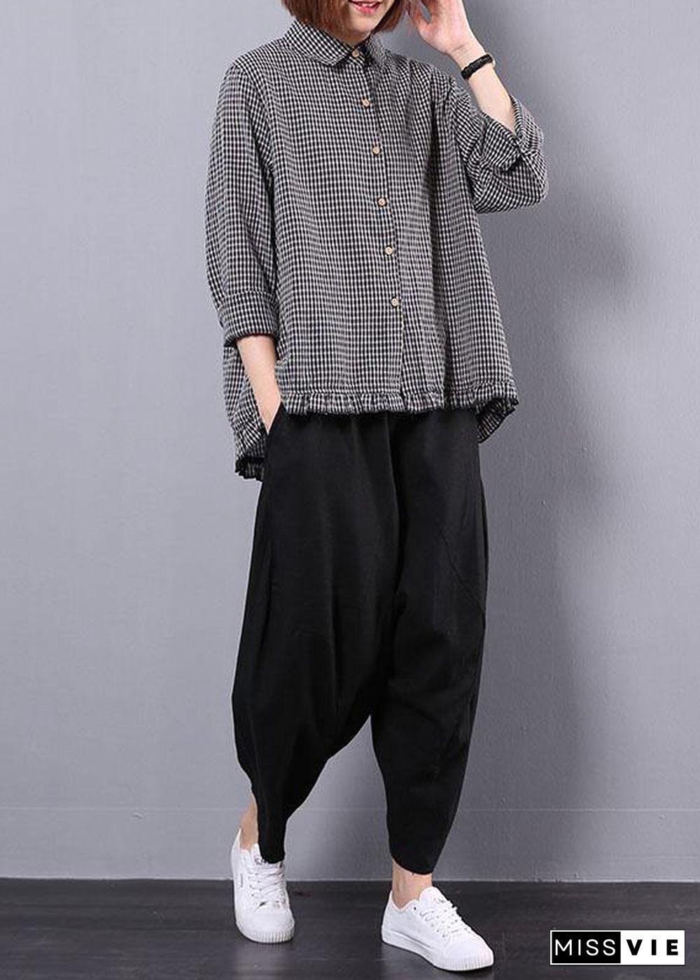 black plaid long sleeve cotton linen blouse with women black pants two pieces