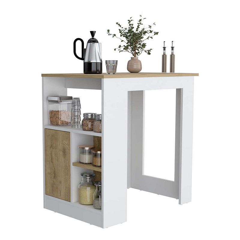 DEPOT E-SHOP Masset Kitchen Island with Side Shelves and Cabinet， White / Macadamia