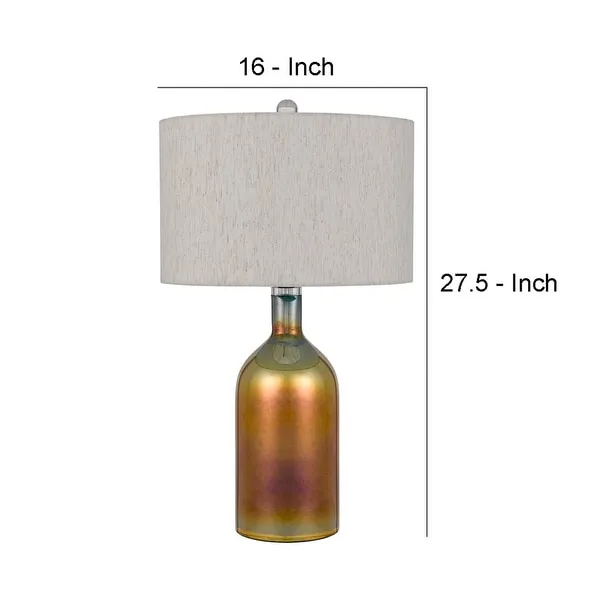 28 Inch Glass Bottle Table Lamp， Drum Shade， Dimmer， Bronze