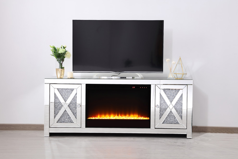 Crystal Mirrored TV Stand With Fireplace Insert   Contemporary   Entertainment Centers And Tv Stands   by Elegant Furniture  ampLighting  Houzz