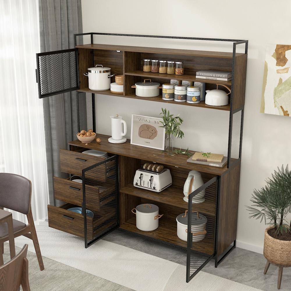 FUFUGAGA 59 in. W Kitchen Brown Wood Buffet Sideboard Pantry Cabinet For Dining Room with Metal Mesh Doors 3-Drawers Shelves KF210150-012