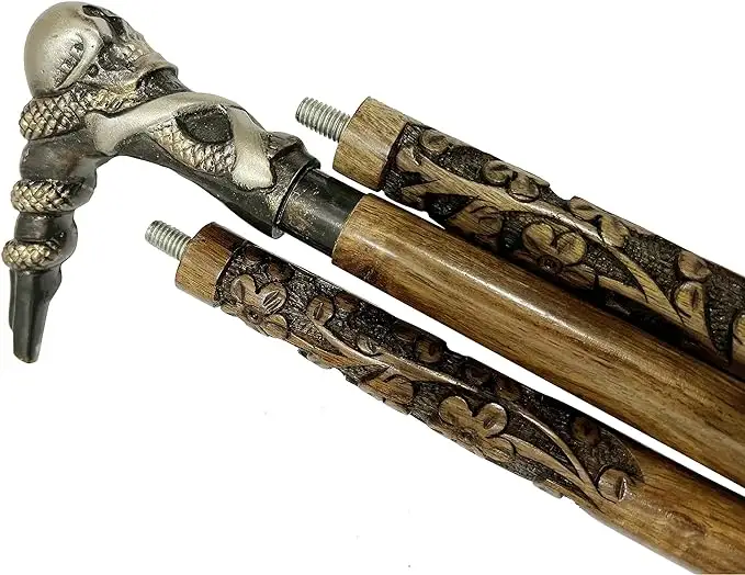 Antique Decorative Unique Skull Handle Brown Natural Wood Cane  for Men   Women  Aluminium Head Unisex Luxury Walking Cane