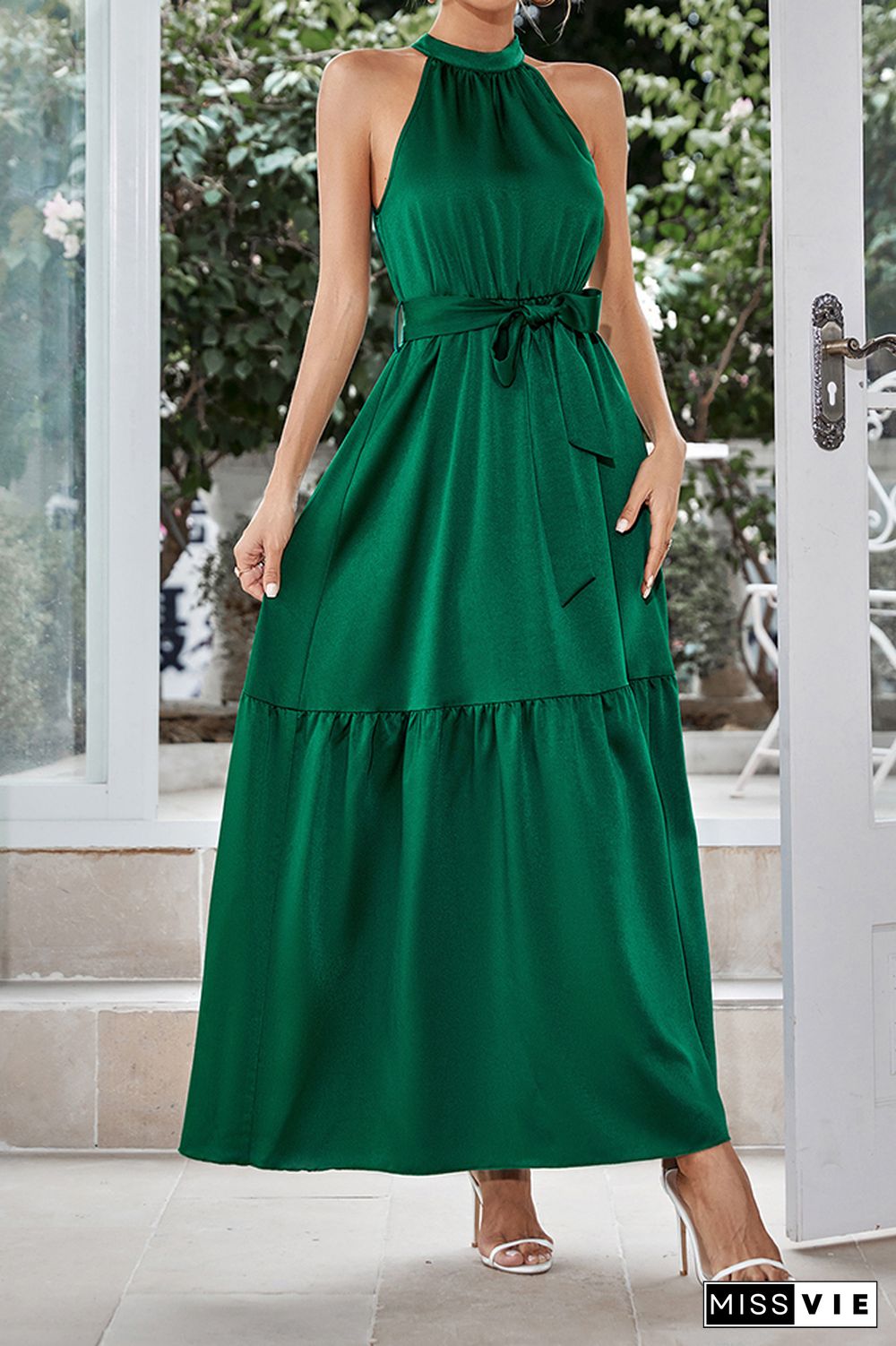 Silky Plain Halter Tiered Maxi Dress