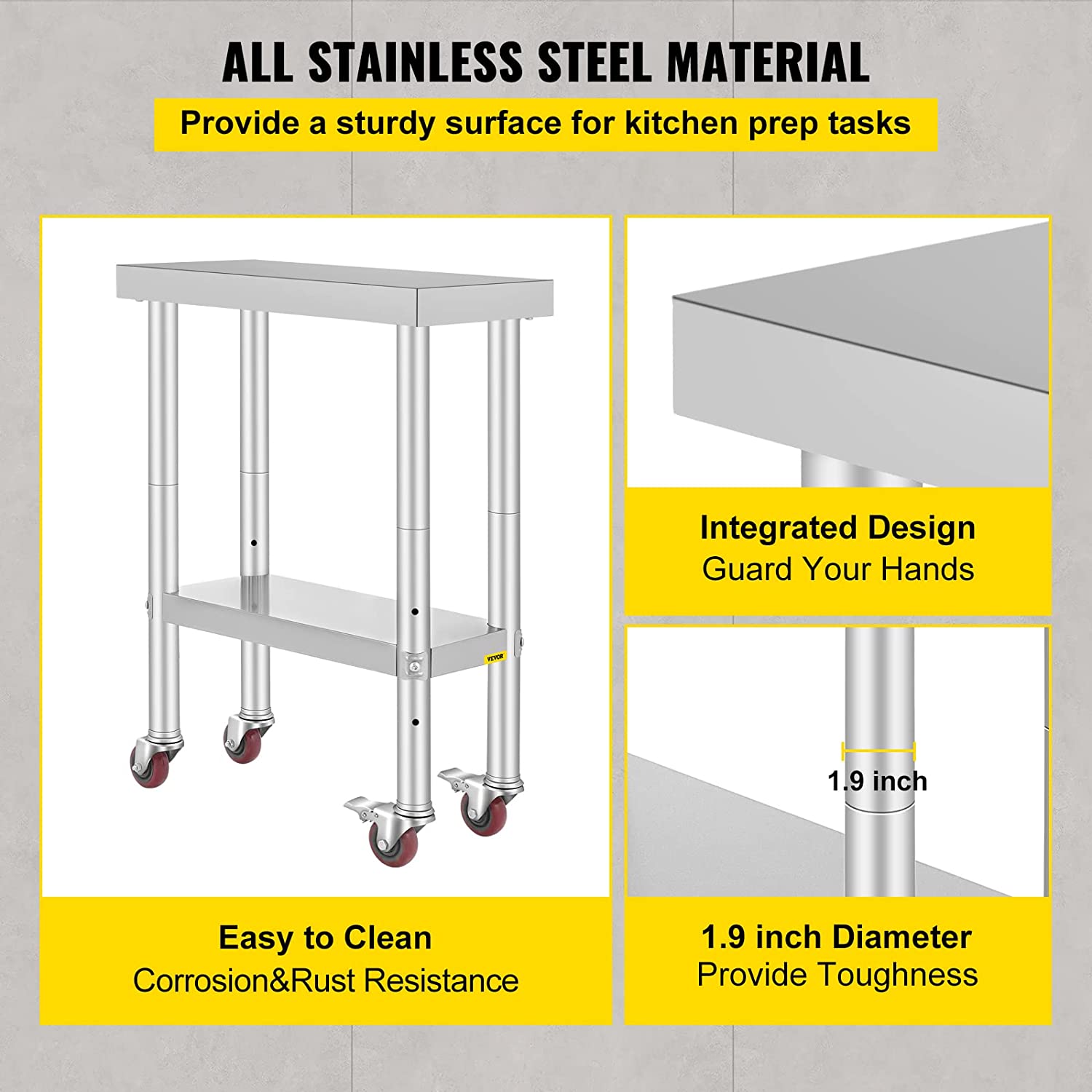 VEVORbrand Stainless-Steel Work Table 24 x 12 Inches with 4 Wheels for Commercial Kitchen Restaurant