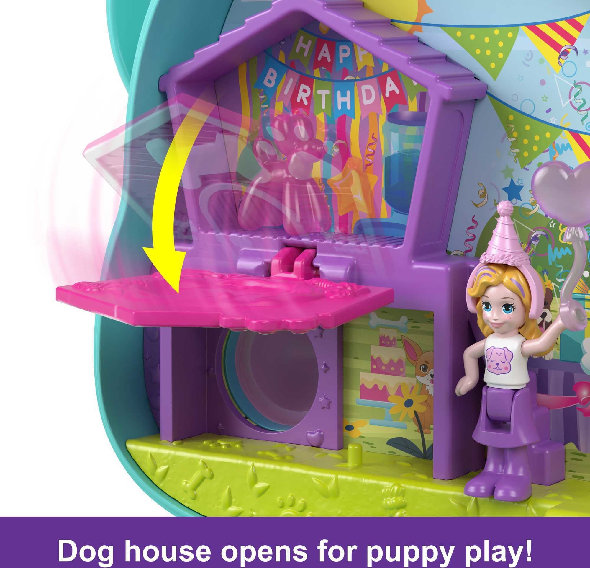 Polly Pocket Doggy Birthday Bash Compact Playset with 2 Micro Dolls and Accessories, Travel Toys