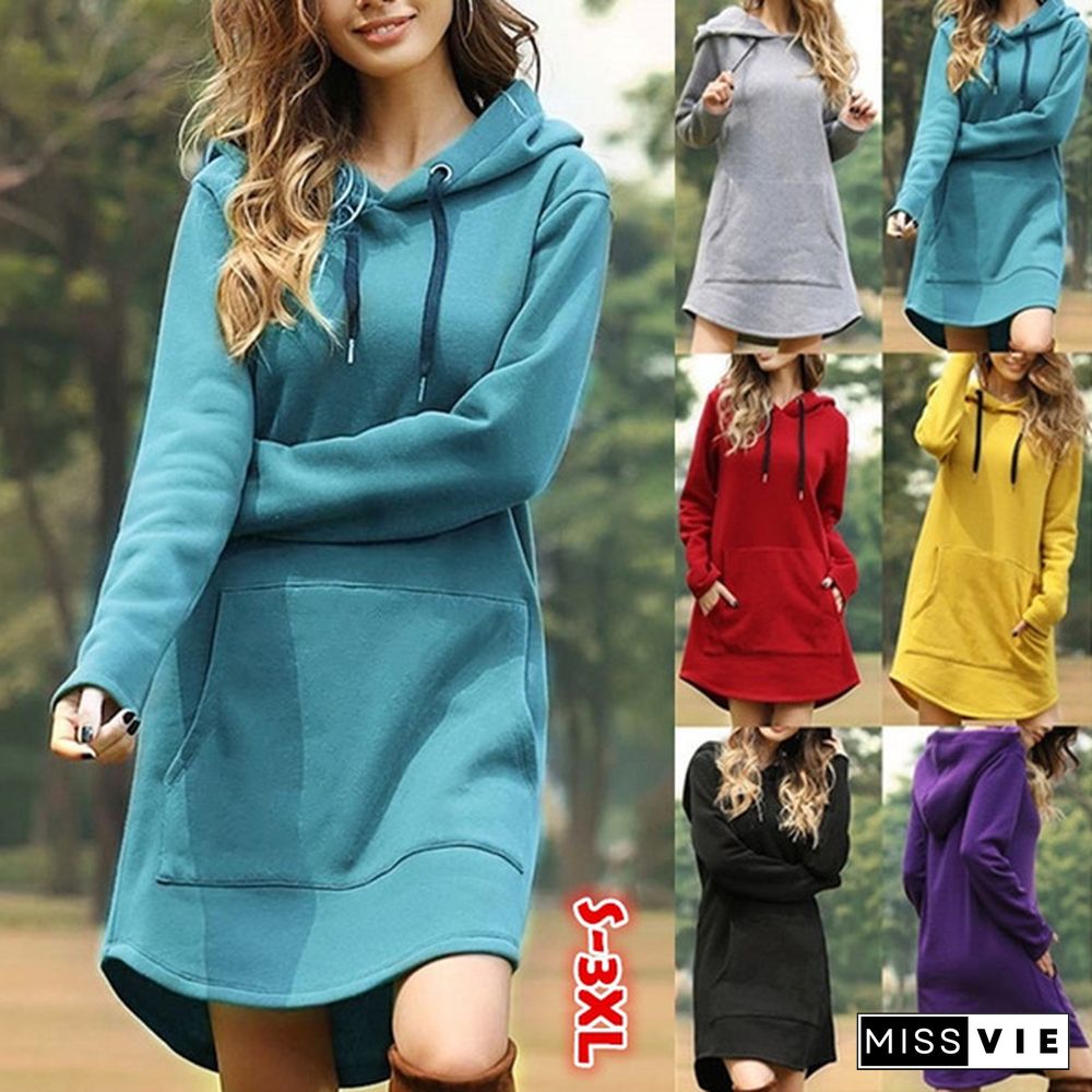 6 Colors S-3Xl Women Plus Size Solid Color Long Sleeve Loose Pocket Drawstring Hoodies Dress