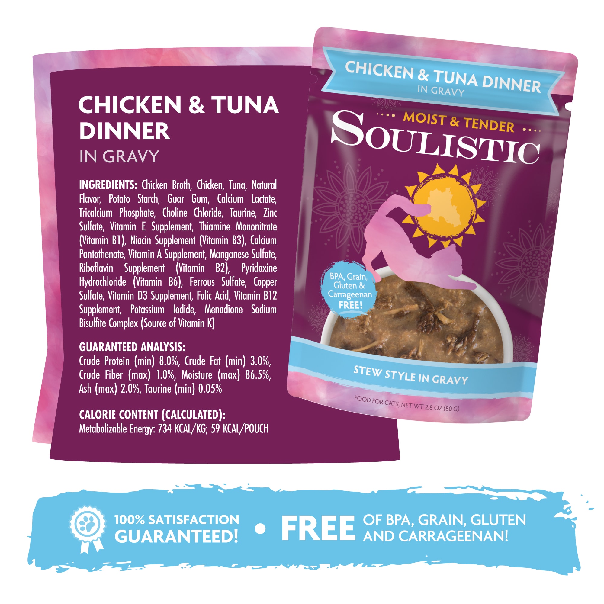 Soulistic Moist  Tender Chicken and Tuna Dinner in Gravy Wet Cat Food， 2.8 oz.， Case of 8